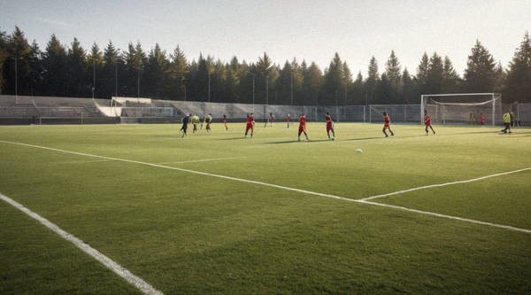 足球队员在训练场上进行传接球训练